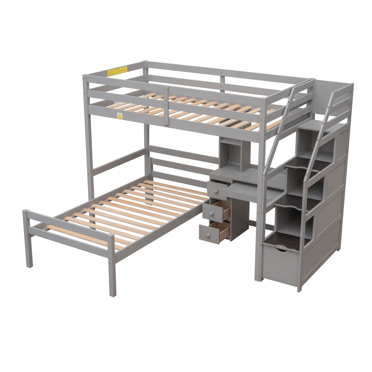 Space-Saving Twin Wood Loft Bed with Stand-Alone Bed, Storage Staircase, Desk, Shelves and Drawers, White | Just Better Bunk Beds