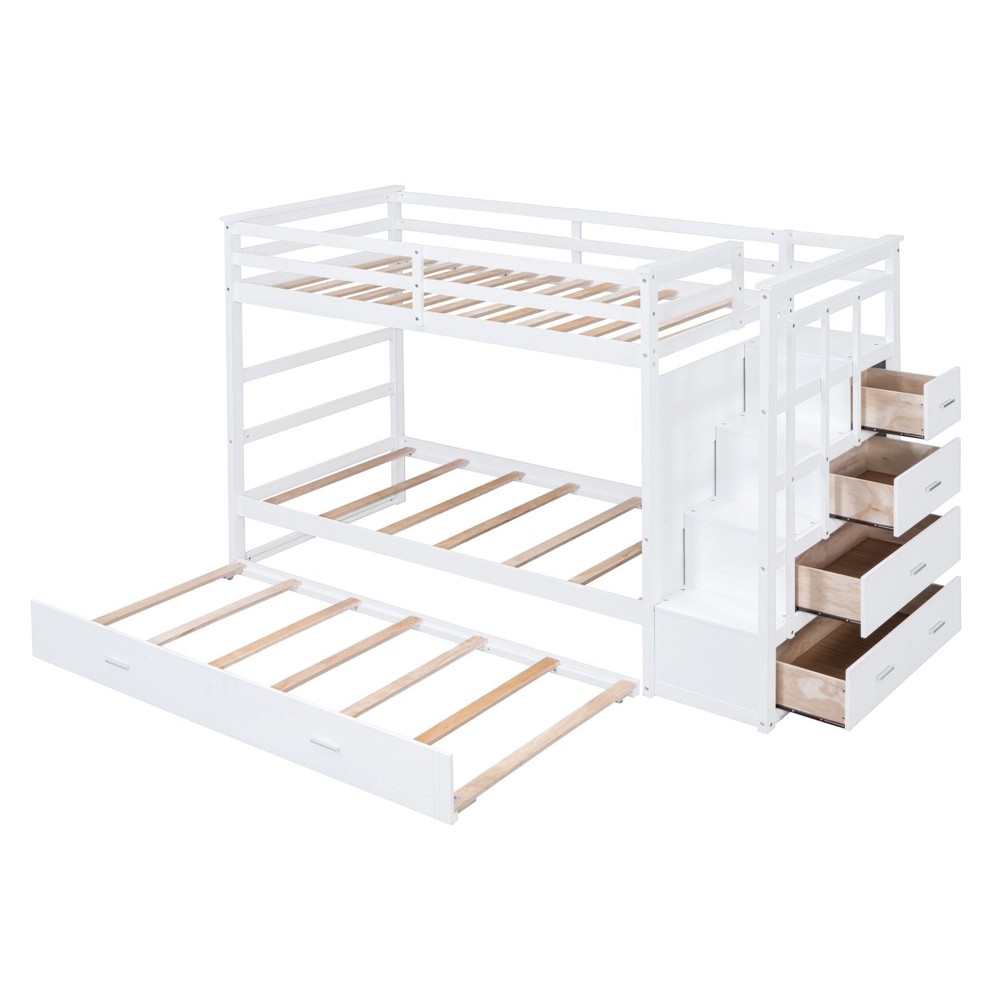 Shared Room Solution Twin Over Twin Wood Bunk Bed with Trundle and Staircase, White | Just Better Bunk Beds