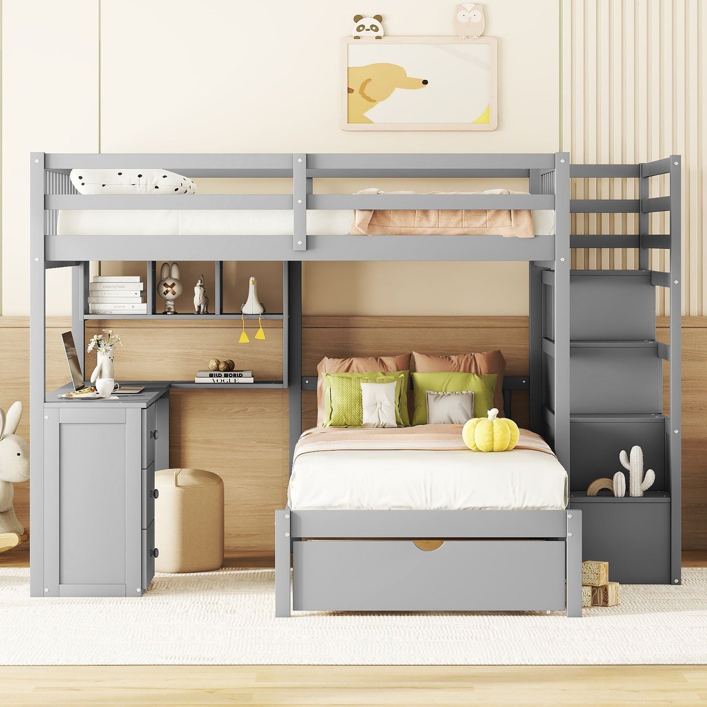 Shared Room Solution Full Over Twin Wood Bunk Bed with Desk, Drawers and Shelves, Gray | Just Better Bunk Beds