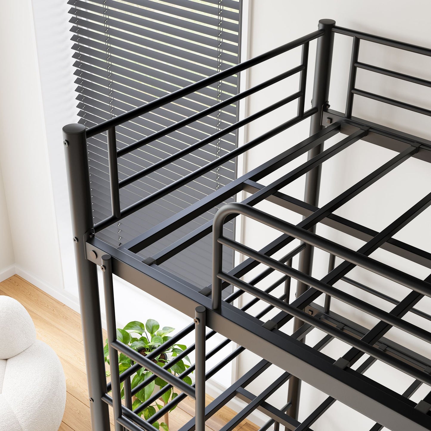 Heavy-Duty Triple Twin Over Twin Over Twin Metal Bunk Bed with Platform Frame and Guard Rail, Black | Just Better Bunk Beds