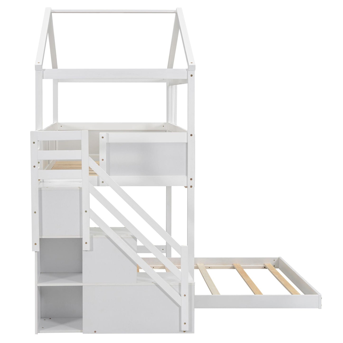 Staircase Storage Twin Over Full Wood House Bunk Bed with Blackboard, Gray and White | Just Better Bunk Beds