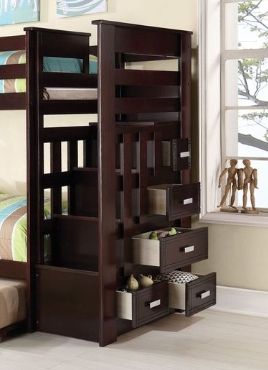 Space-Saving Twin Over Twin Wood Bunk Bed with Trundle and Storage, Espresso | Just Better Bunk Beds