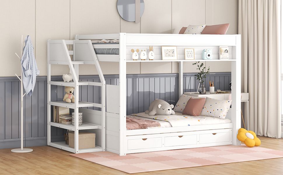 Convertible Full Wood Bunk Bed with Storage Staircase, Bedside Table, 3 Drawers, White | Just Better Bunk Beds