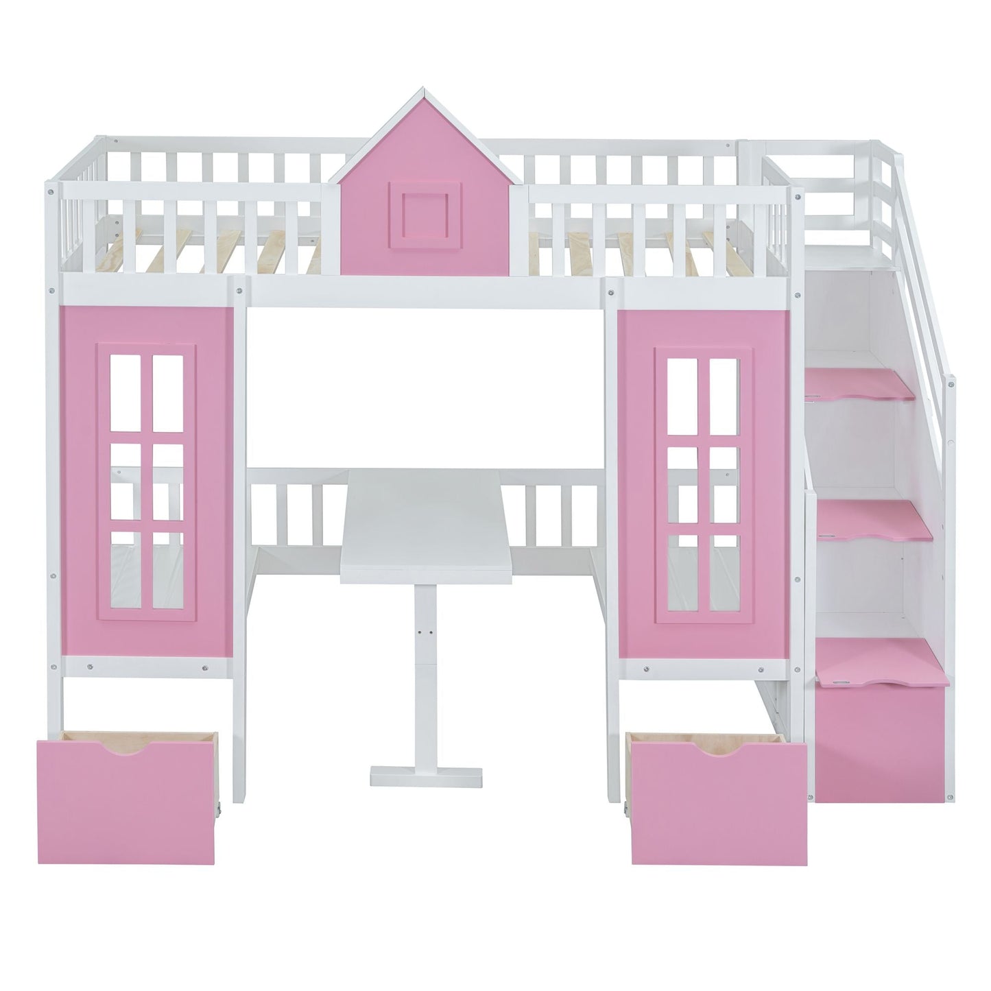 Kids Bedroom Twin Over Twin Wood Bunk Bed with Changeable Table and Desk, Pink | Just Better Bunk Beds