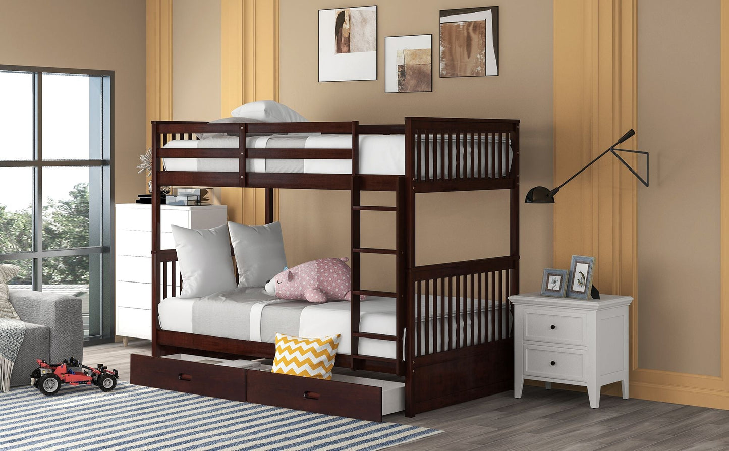 Storage-Enhanced Twin Over Twin Wood Bunk Bed with Ladders, Two Drawers, White | Just Better Bunk Beds