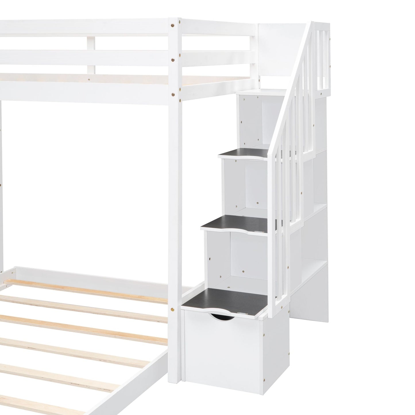 Storage Staircase Twin Over Full Wood Bunk Bed with 3-Layer Shelves and Drawers, White | Just Better Bunk Beds