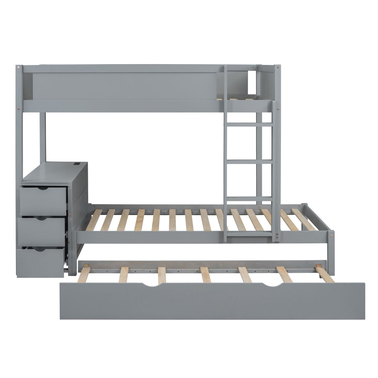 Space-Saving Twin Over Twin Wood Bunk Bed with Twin Trundle, Storage, Desk, Gray | Just Better Bunk Beds