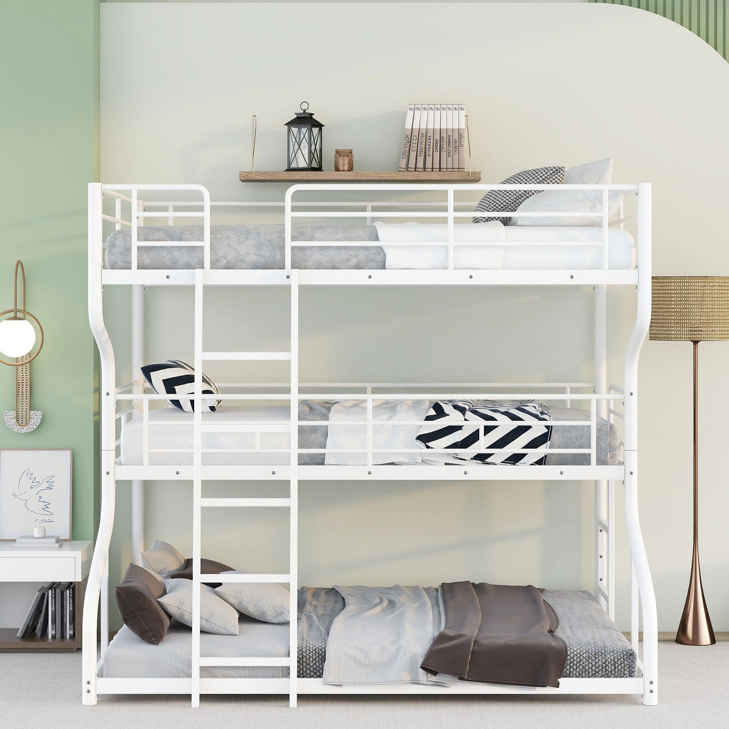 Heavy-Duty Full XL Over Twin XL Over Queen Triple Wood Bunk Bed with Ladder, White | Just Better Bunk Beds