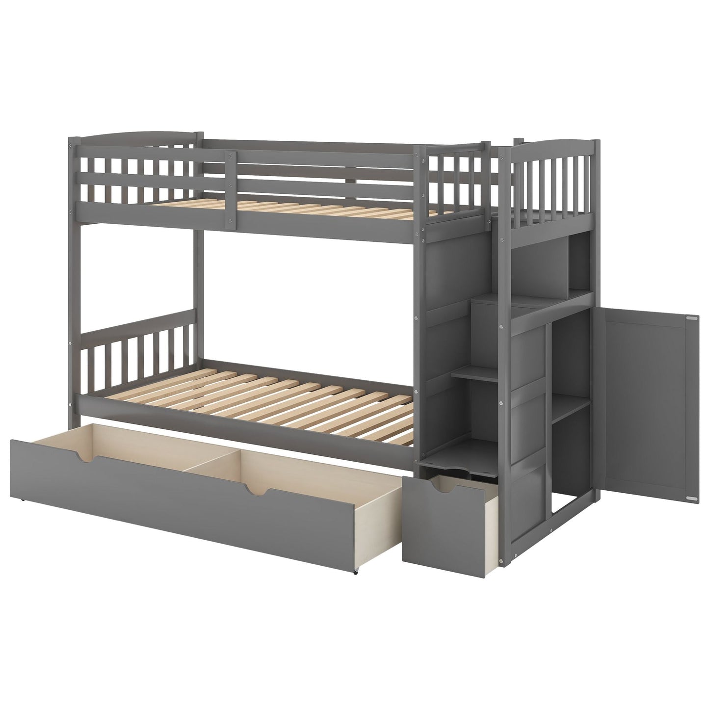 Convertible Twin Over Full/Twin Wood Bunk Bed with Storage Shelves and Drawers, Gray | Just Better Bunk Beds