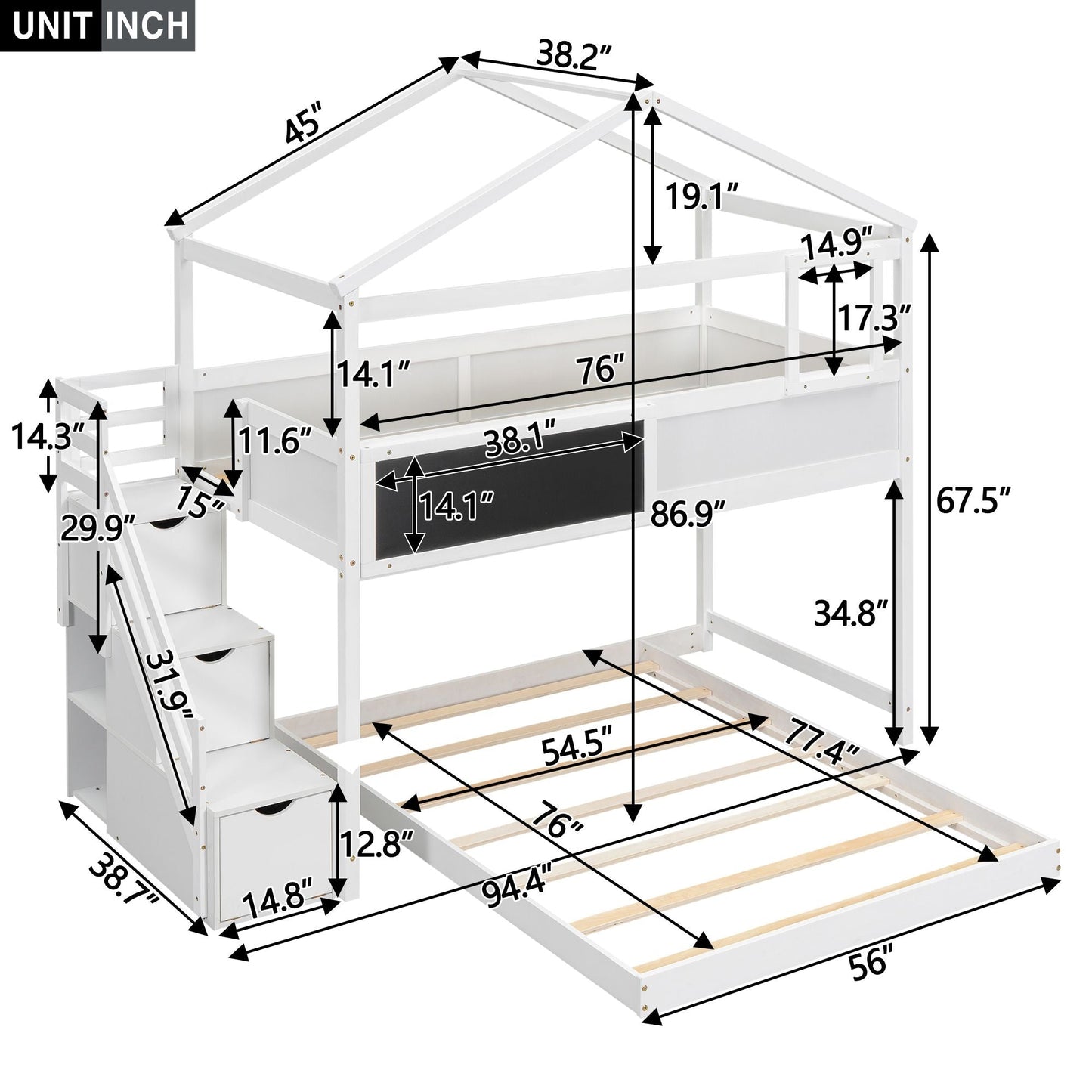 House-Style Twin Over Full Wood Bunk Bed with Storage Staircase, Blackboard, White | Just Better Bunk Beds