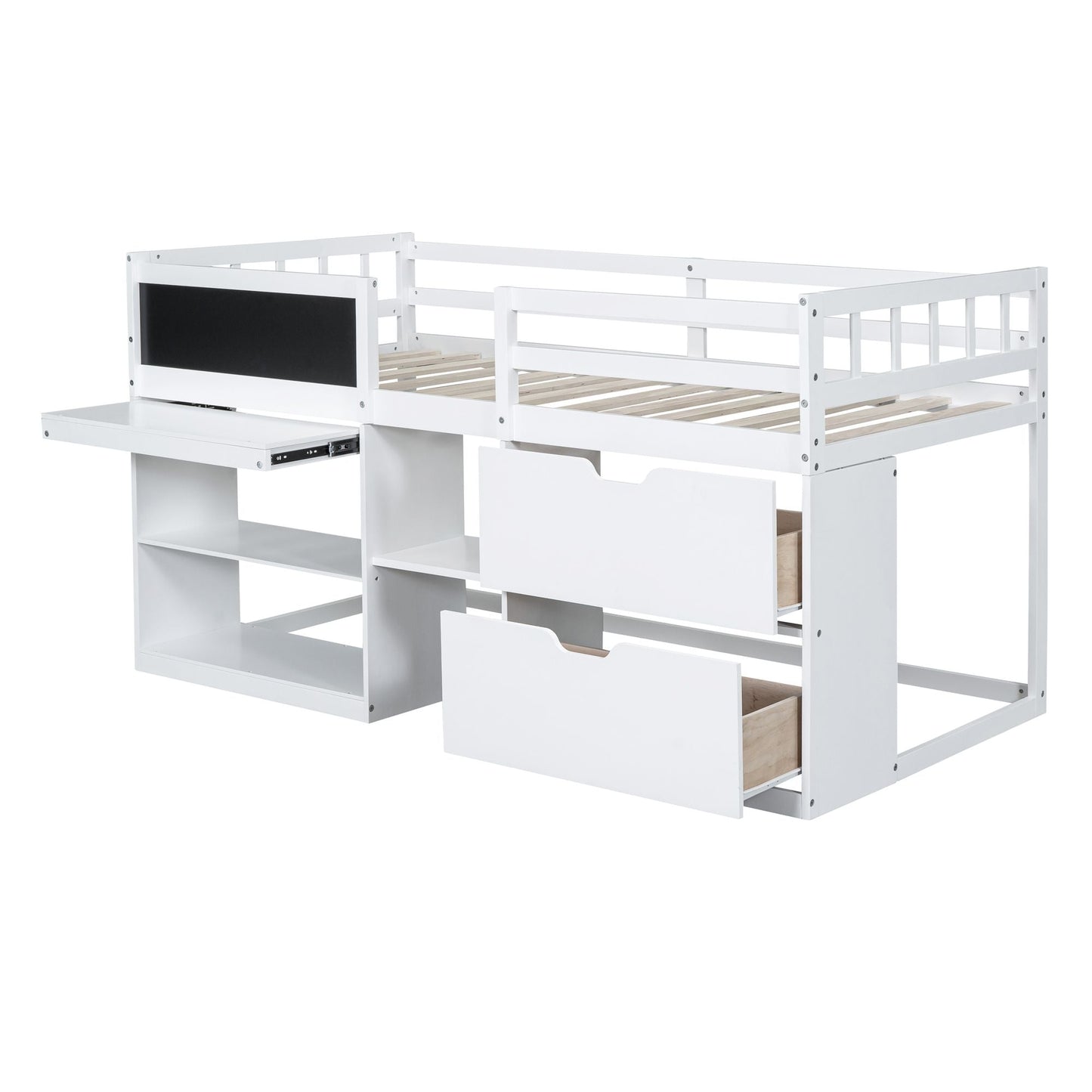 Space-Saving Twin Low Loft Wood Bed with Rolling Desk, Shelf, Drawers, White | Just Better Bunk Beds