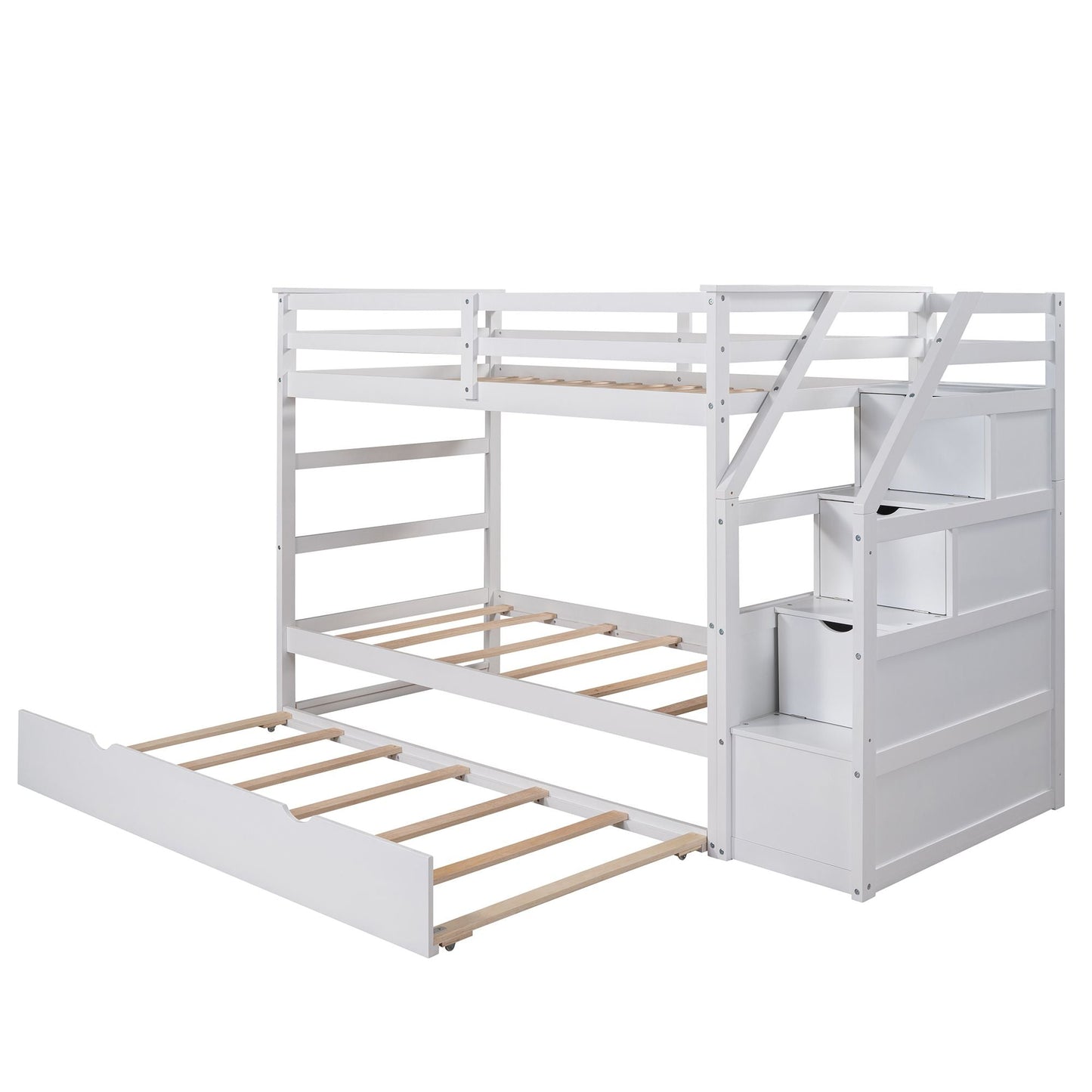 Twin-Over-Twin Bunk Bed with Twin Size Trundle and 3 Storage Stairs White