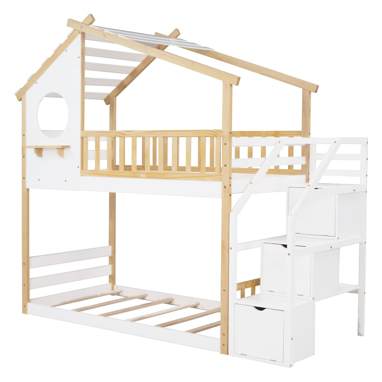 Staircase Storage Twin Over Twin Wood Bunk Bed with House Style, Storage, and Guard Rail, Natural and White | Just Better Bunk Beds