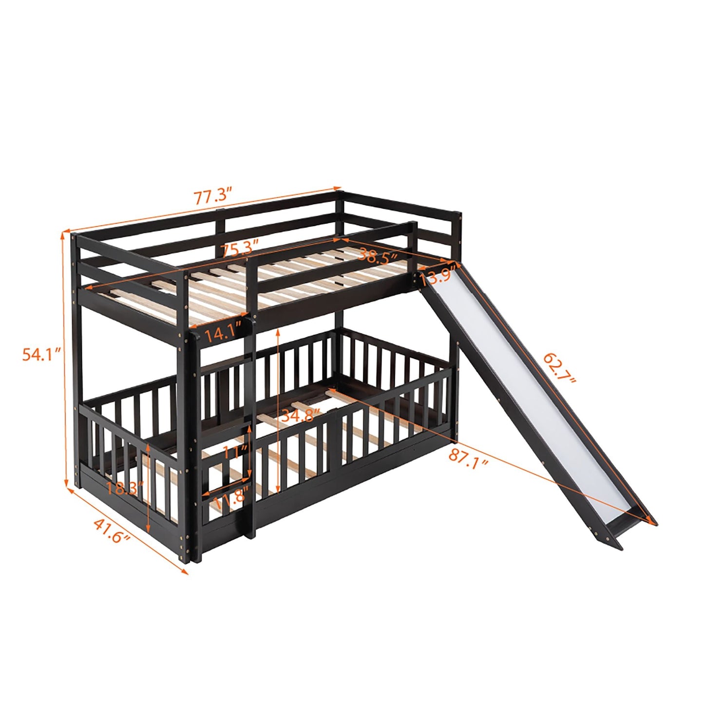 Kids Bedroom Twin Over Twin Wood Bunk Bed with Slide and Ladder, Espresso | Just Better Bunk Beds