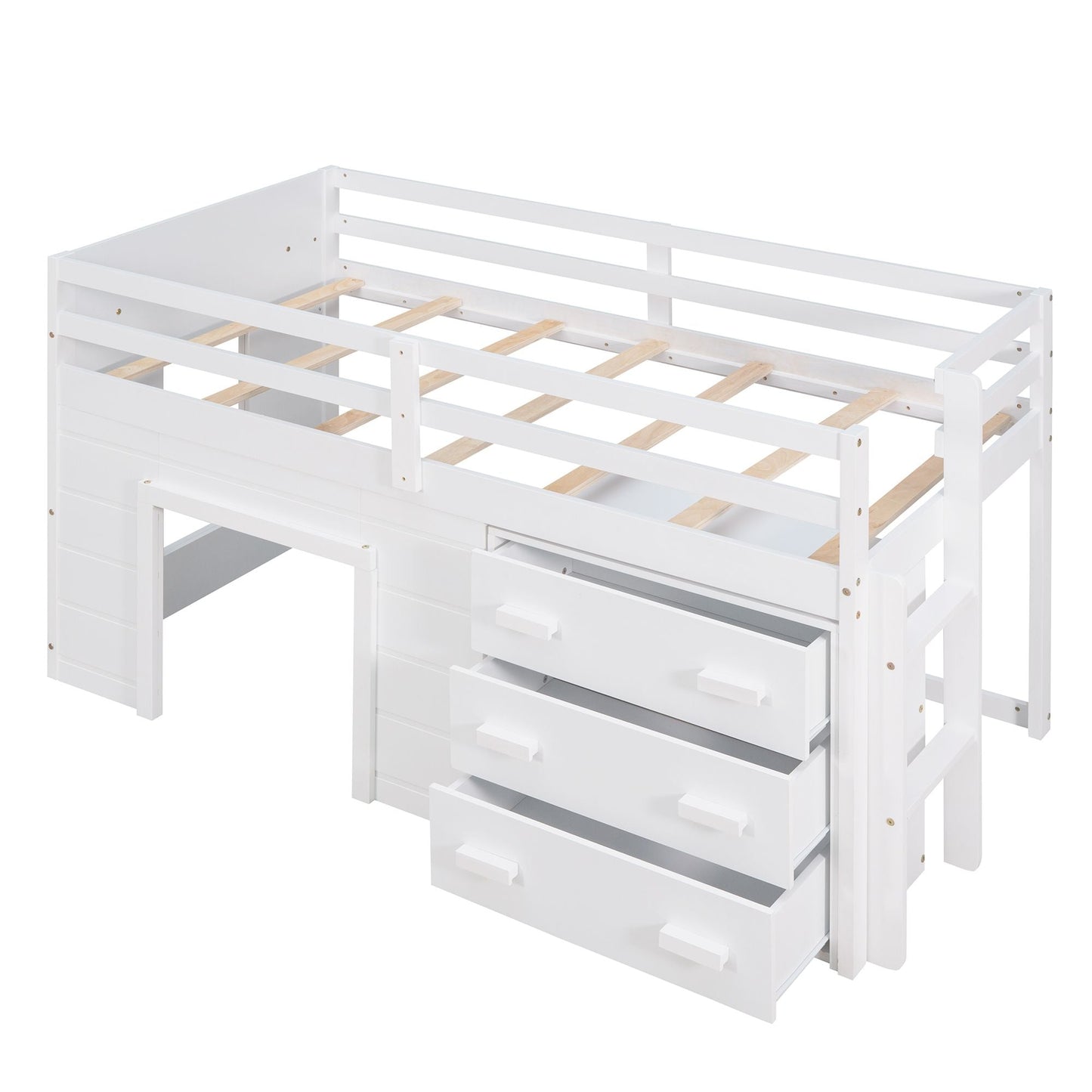 Kids Bedroom Twin Wood Loft Bed with Cabinet and Shelf, White | Just Better Bunk Beds