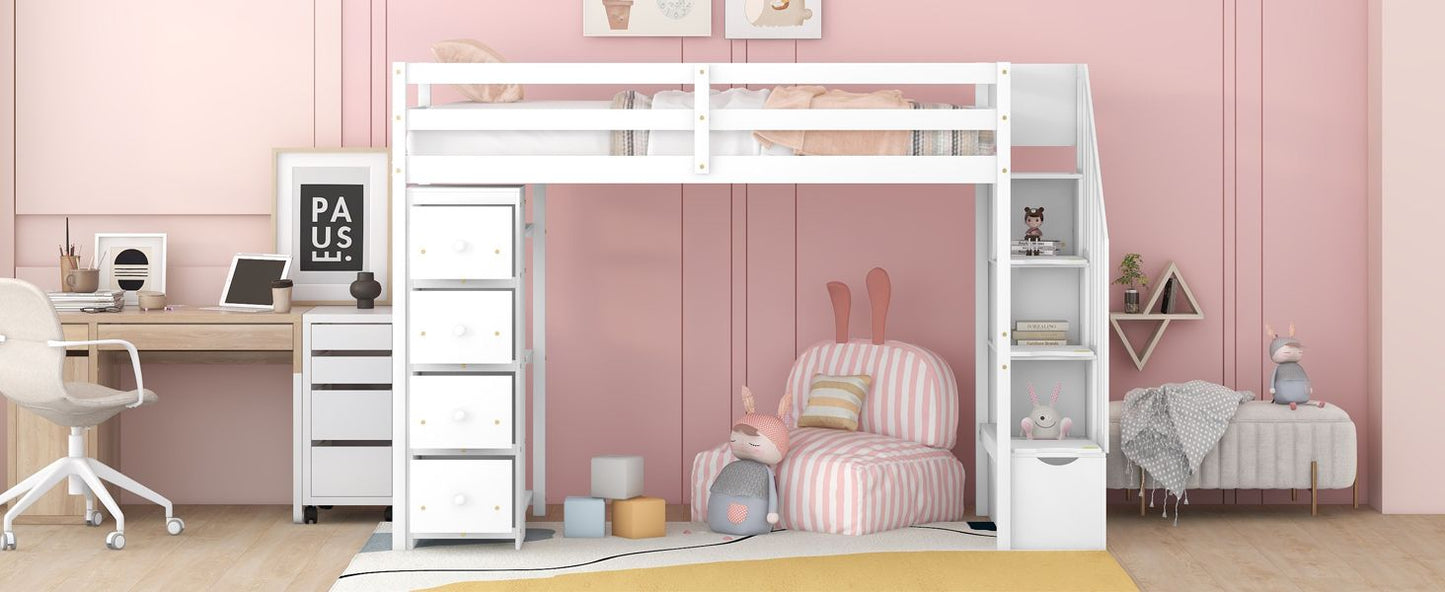 Kids Bedroom Twin Wood Loft Bed with Storage Drawers and Stairs, Espresso | Just Better Bunk Beds