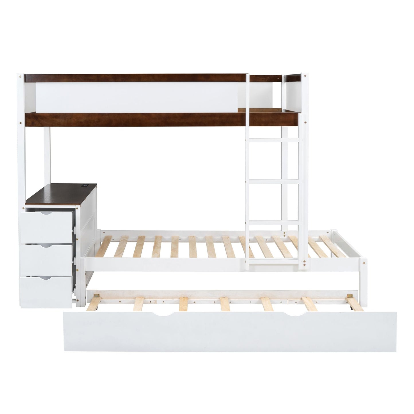 Multi-Functional Twin Over Twin Wood Bunk Bed with Trundle, Storage and Desk, White Walnut | Just Better Bunk Beds