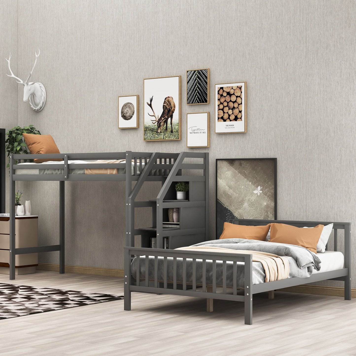 Space-Saving Twin Over Full Wood Loft Bed with Staircase, Gray | Just Better Bunk Beds