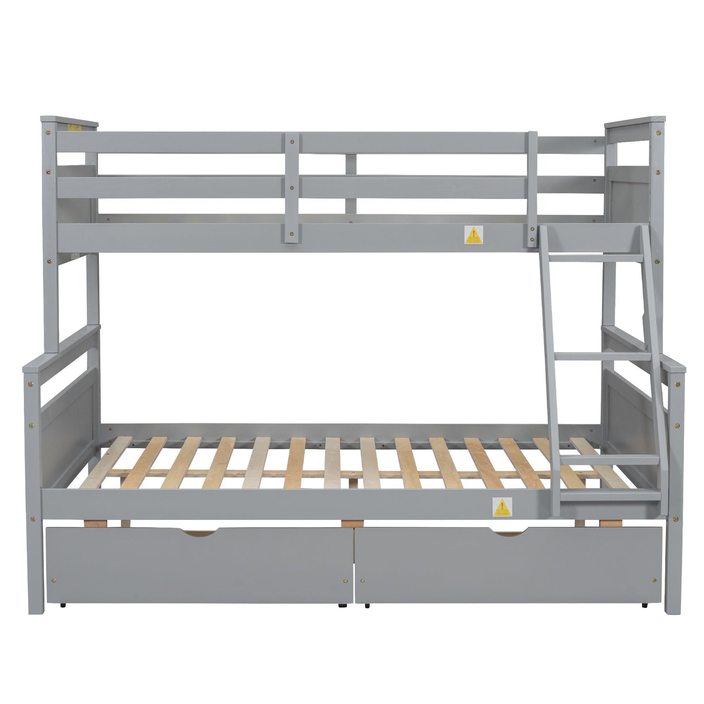 Heavy-Duty Twin Over Full Wood Bunk Bed with Ladder, Storage Drawers, Safety Guardrail, Gray | Just Better Bunk Beds