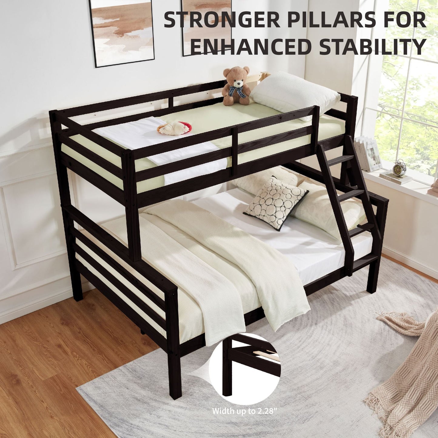 Durable Twin Over Full Wood Bunk Bed with Thick Posts, High Guardrail, Ladder, Espresso | Just Better Bunk Beds