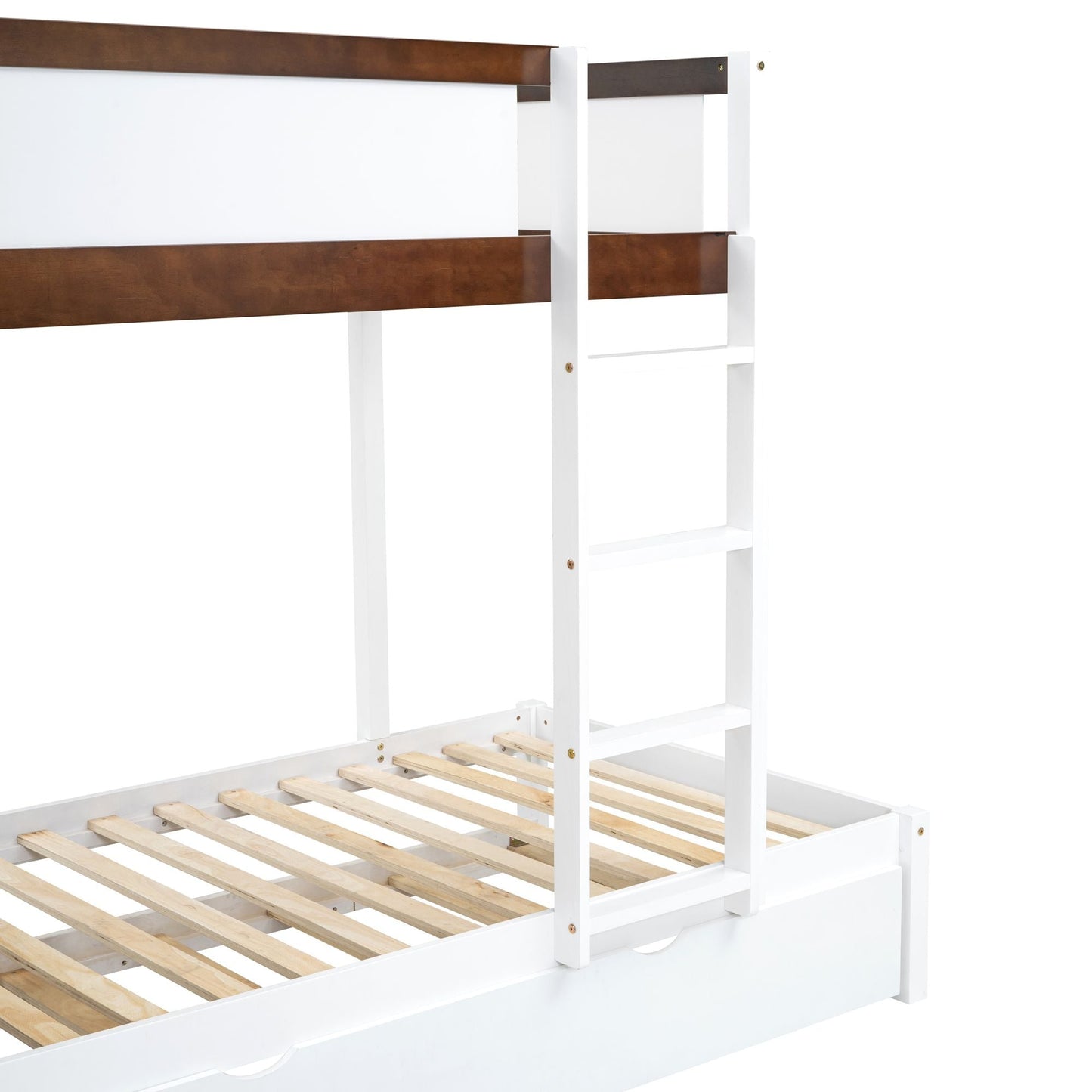 Multi-Functional Twin Over Twin Wood Bunk Bed with Trundle, Storage and Desk, White Walnut | Just Better Bunk Beds