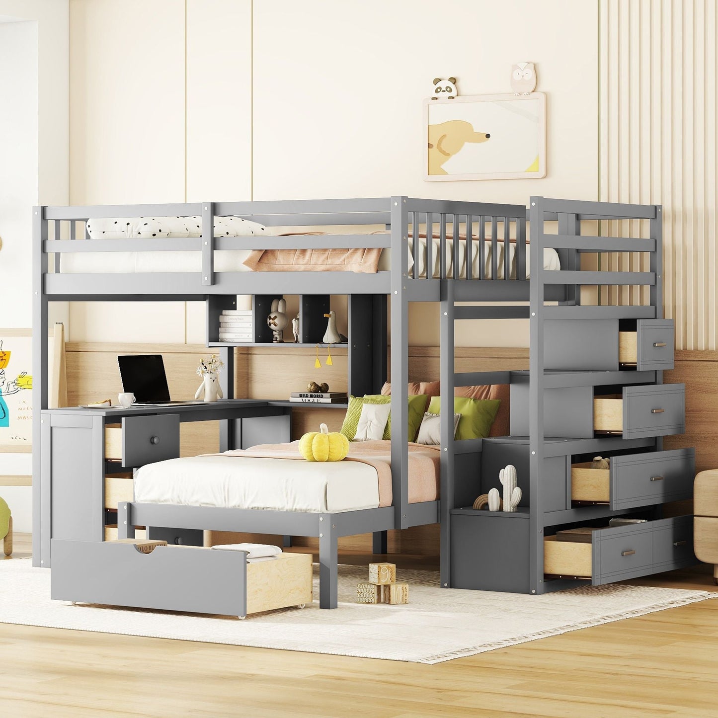 Shared Room Solution Full Over Twin Wood Bunk Bed with Desk, Drawers and Shelves, Gray | Just Better Bunk Beds