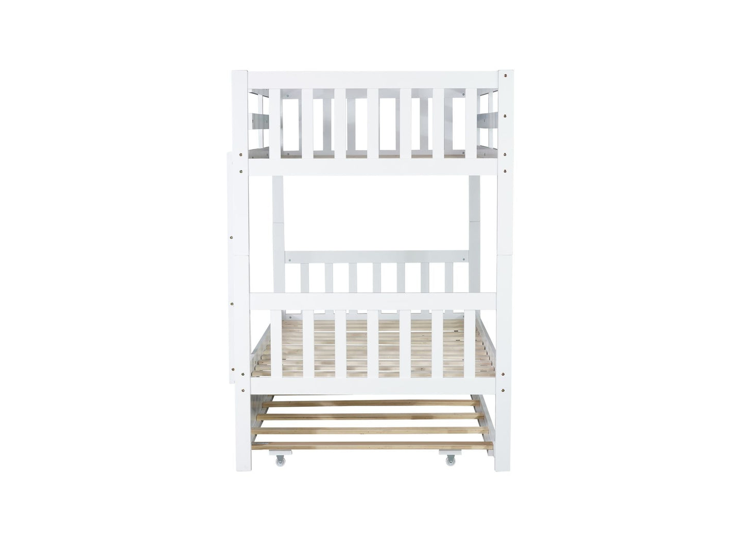 Convertible Twin Over Twin Rubber Wood Bunk Bed with Trundle, Ladder, Safety Guardrails, White | Just Better Bunk Beds