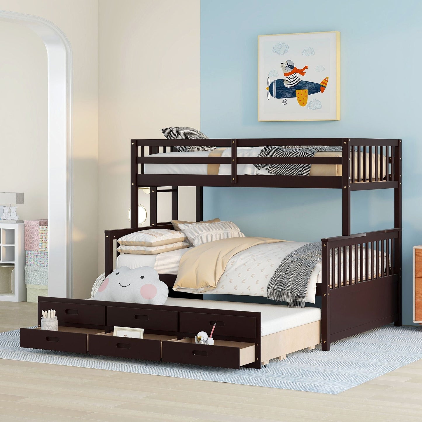 Shared Room Solution Twin Over Full Wood Bunk Bed with Twin Trundle and Drawers, White | Just Better Bunk Beds