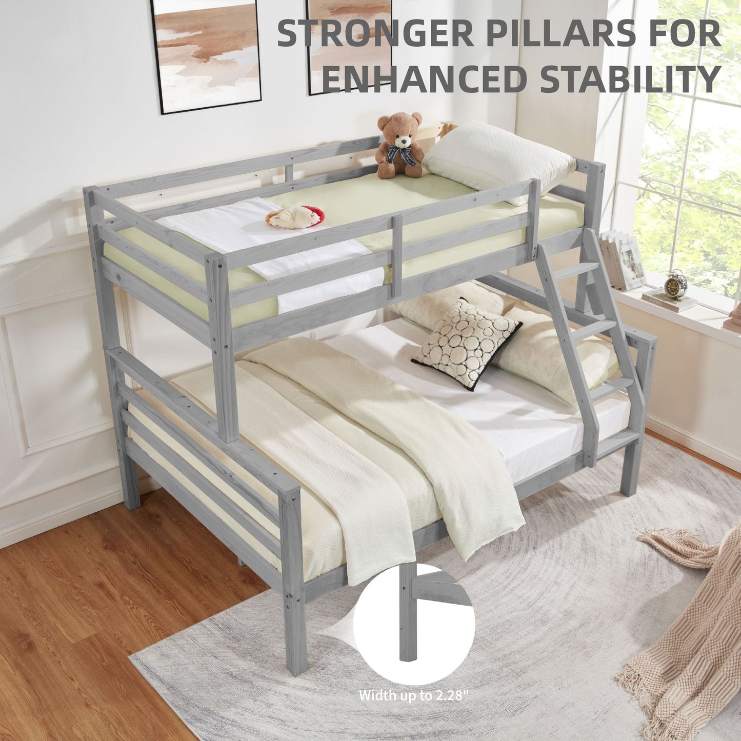Durable Twin Over Full Wood Bunk Bed with Thick Posts, High Guardrail, Ladder, Gray | Just Better Bunk Beds