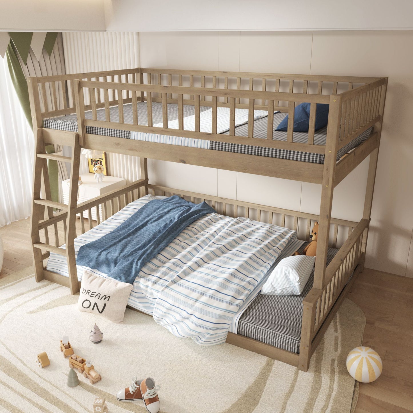 House-Style Full XL Over Queen Wood Bunk Bed with Ladder and Guardrails, Walnut | Just Better Bunk Beds