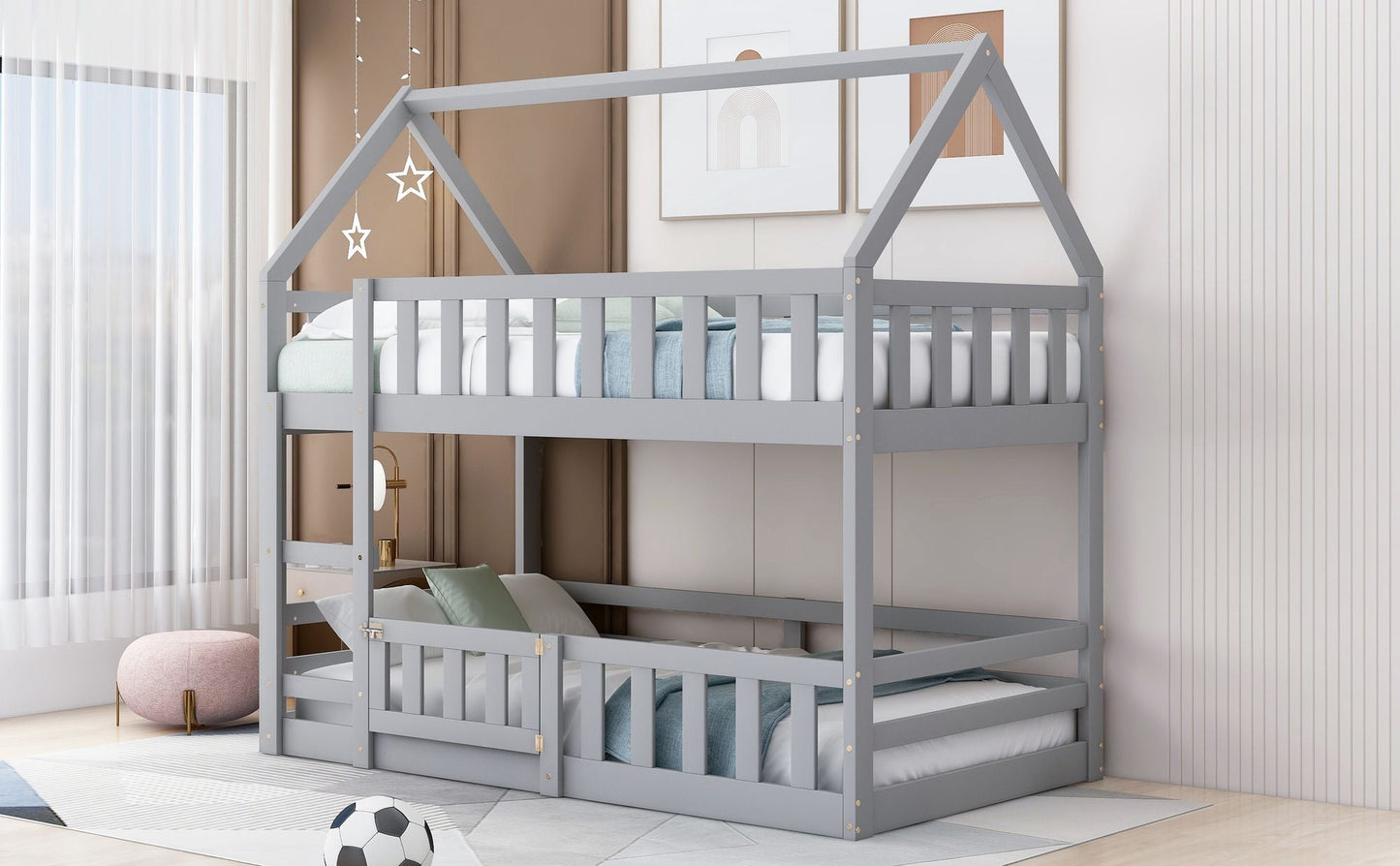 Kids Bedroom Twin Over Twin Wood House Bunk Bed with Fence and Door, Gray | Just Better Bunk Beds