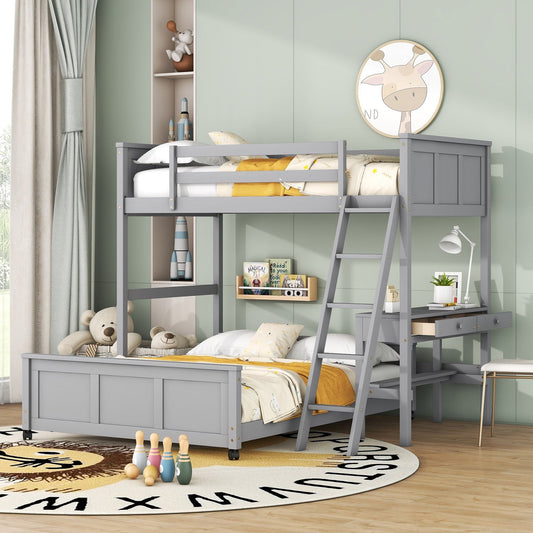 Twin Over Full Bunk Bed with Desk,  Gray