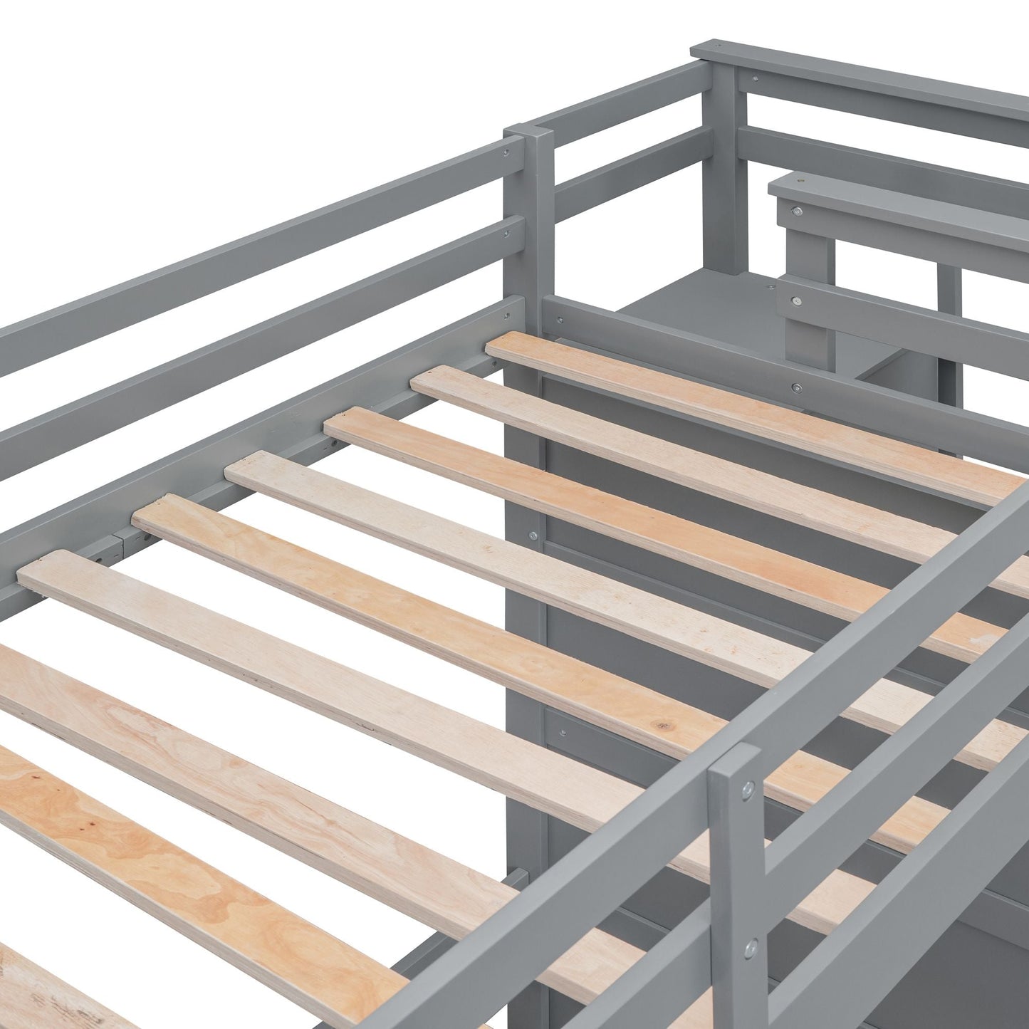 Staircase Storage Twin Over Twin Wood Bunk Bed with Trundle, Gray | Just Better Bunk Beds