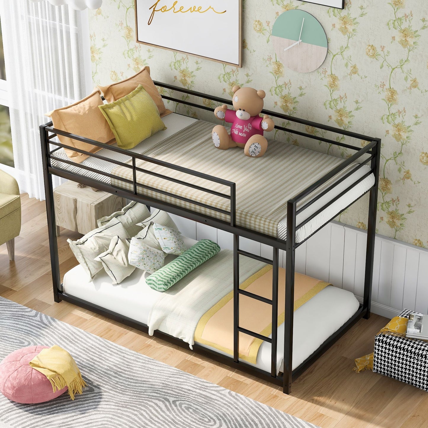 Low Profile Twin Over Twin Metal Bunk Bed with Ladder, White | Just Better Bunk Beds