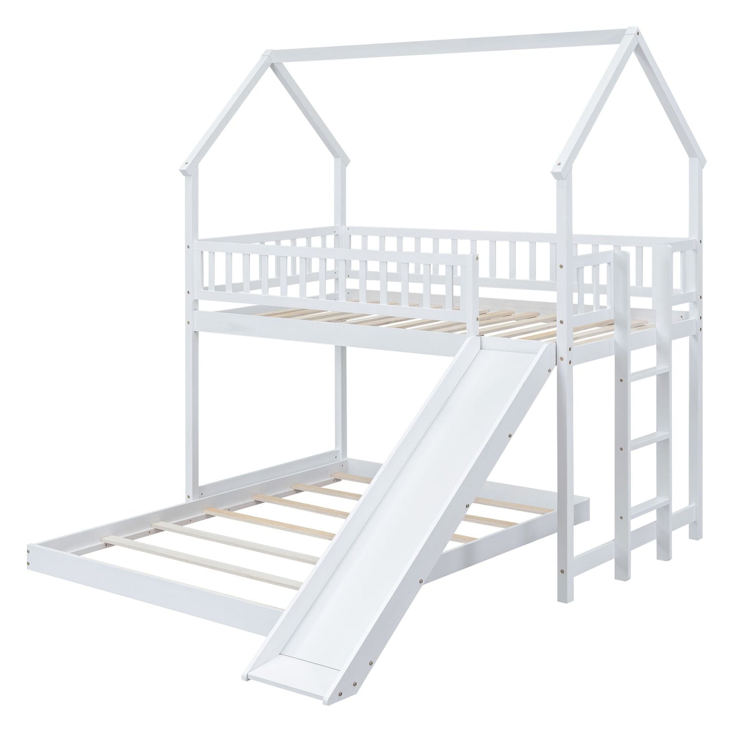 Twin over Full House Bunk Bed with Slide and Built-in Ladder,  Full-Length Guardrail