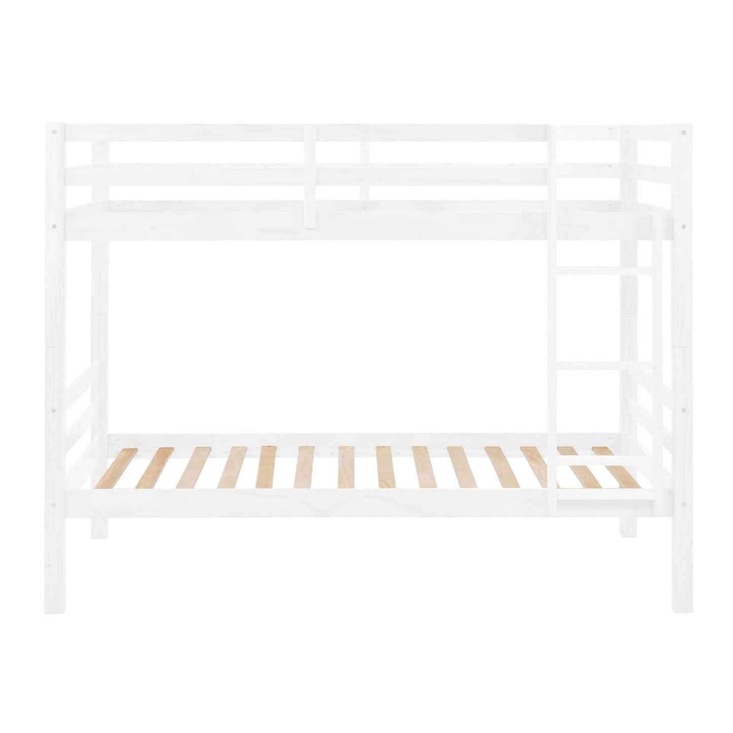 Heavy-Duty Twin Over Twin Wood Bunk Bed, White with Thick Posts, Ladder, and High Guardrail | Just Better Bunk Beds