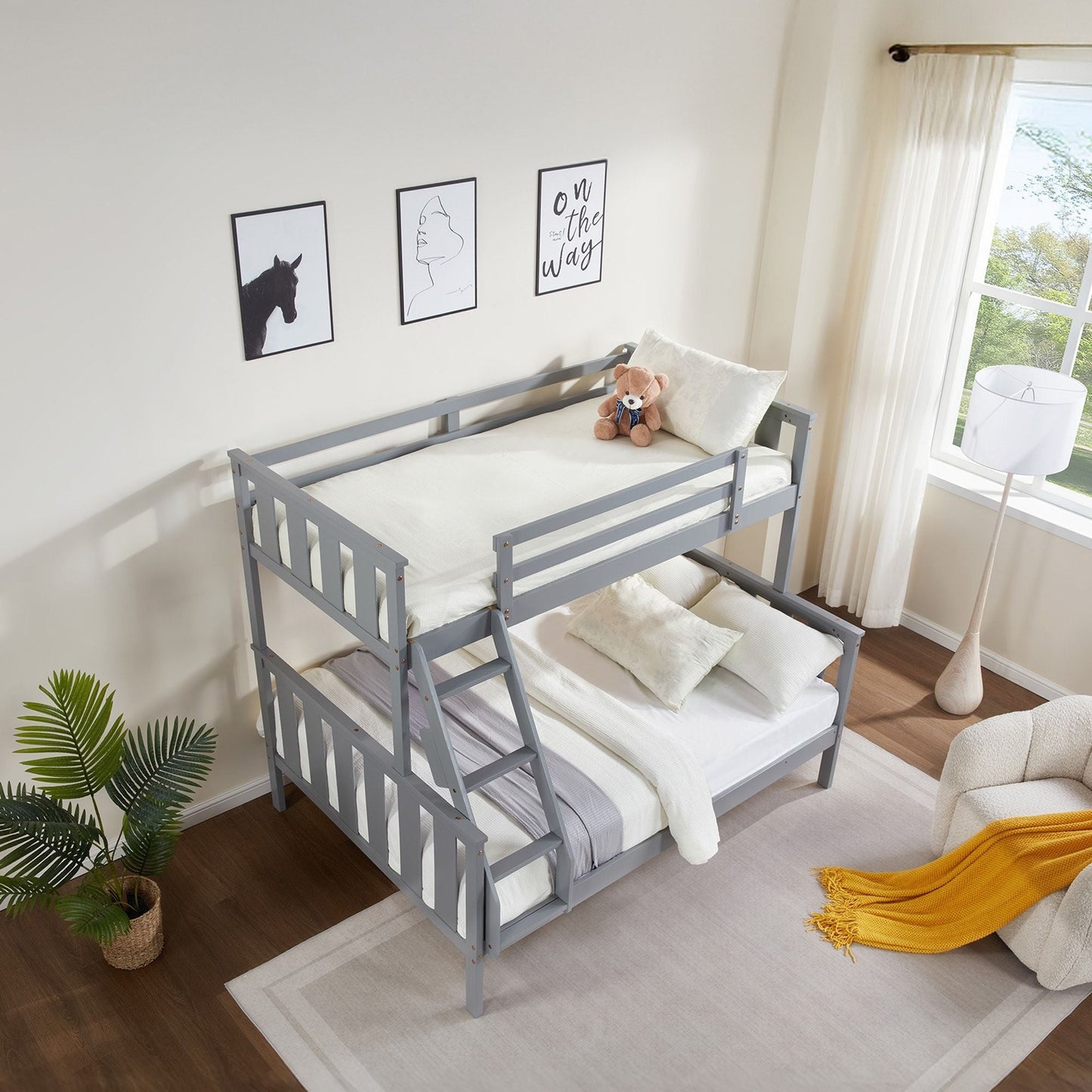 Kids Bedroom Twin Over Full Wood Bunk Bed with Flexible Ladder, Gray | Just Better Bunk Beds