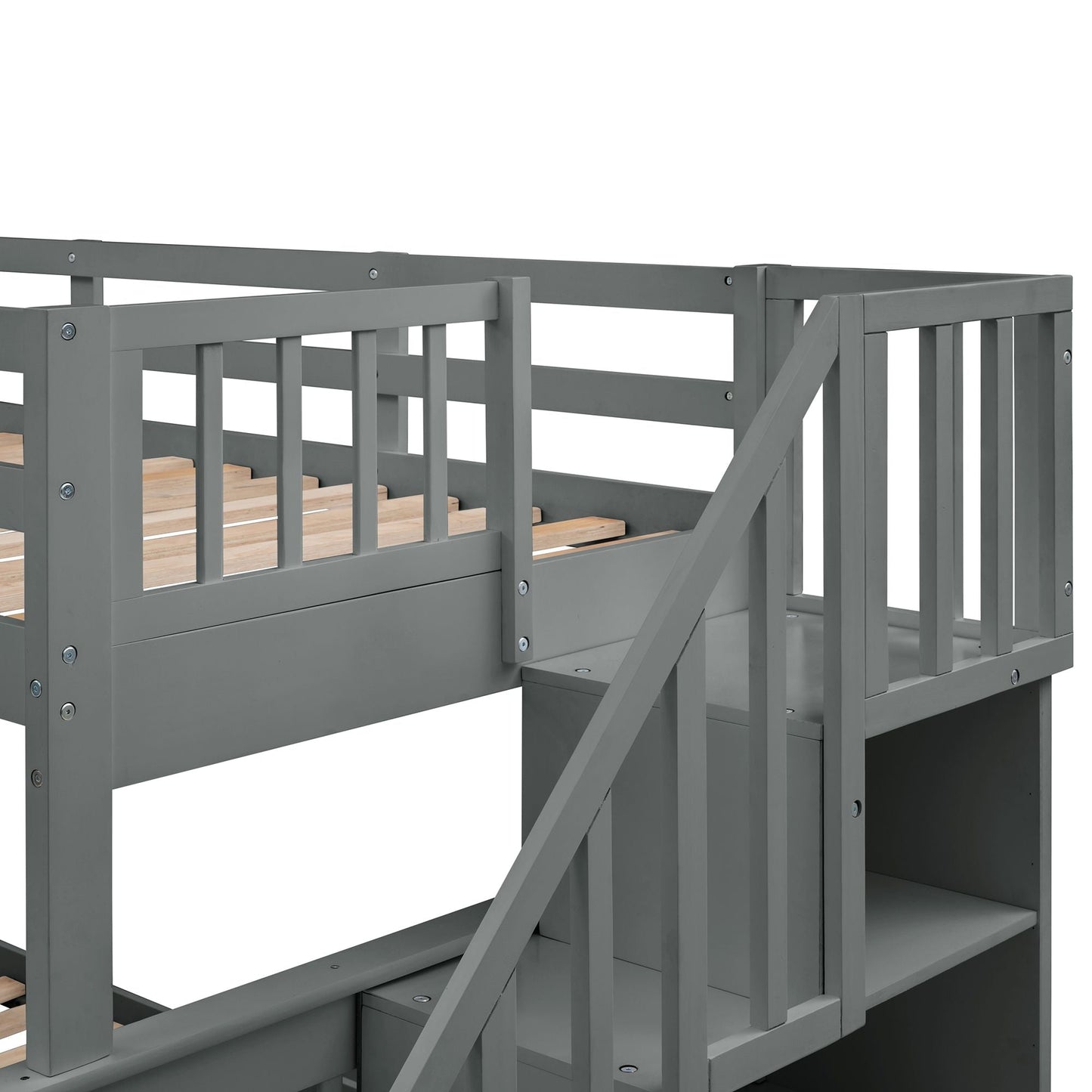 Staircase Storage Twin Over Full Wood Bunk Bed with Trundle, Storage, and Guard Rail, Gray | Just Better Bunk Beds