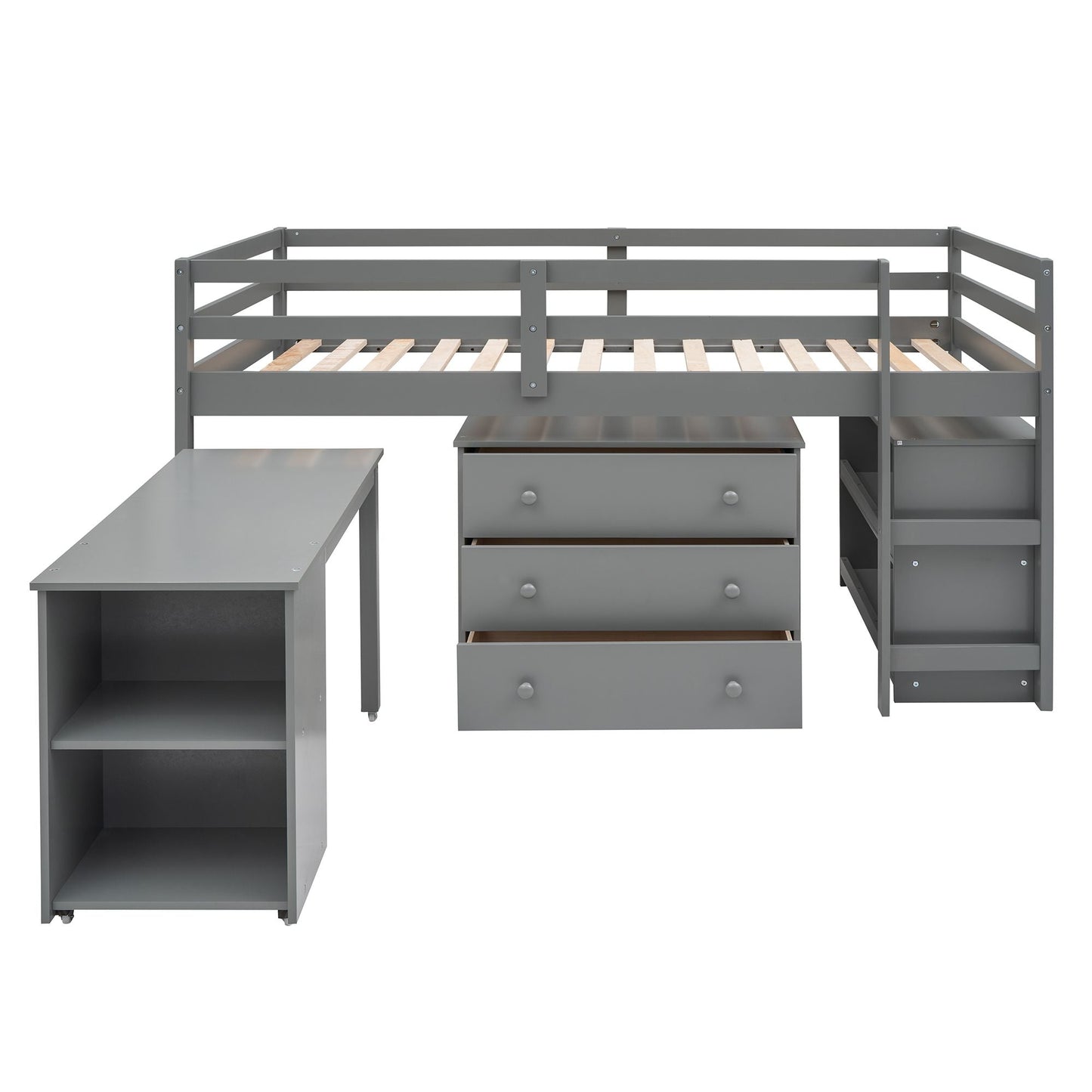 Kids Bedroom Twin Wood Loft Bed with Cabinet and Rolling Desk, White | Just Better Bunk Beds