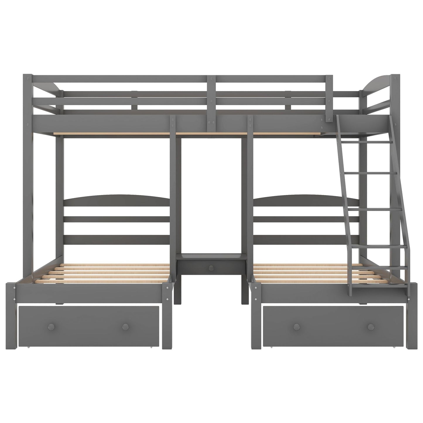 Triple Bunk Full Over Twin Over Twin Wood Bed with Drawers, Gray | Just Better Bunk Beds