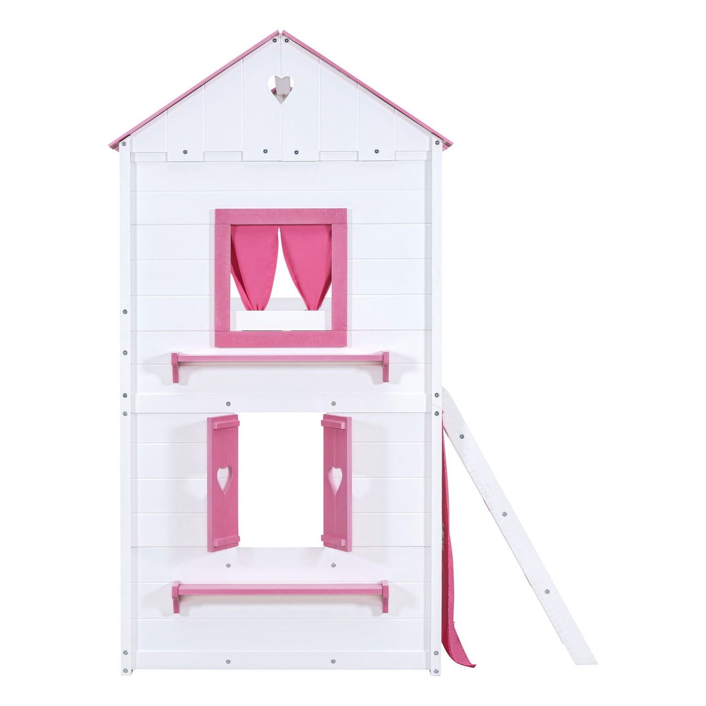 Kids Bedroom Twin Wood House-Style Bunk Bed with Elegant Windows, Sills and Tent, Pink and White | Just Better Bunk Beds