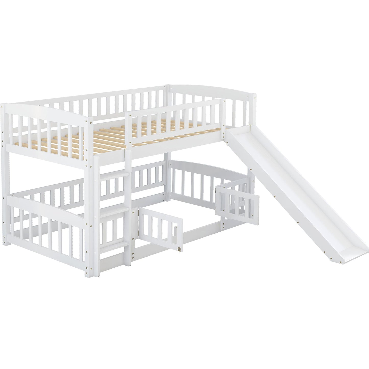 Safe Twin Over Twin Wood Low Bunk Bed with Slide, White with Fence and Ladder | Just Better Bunk Beds
