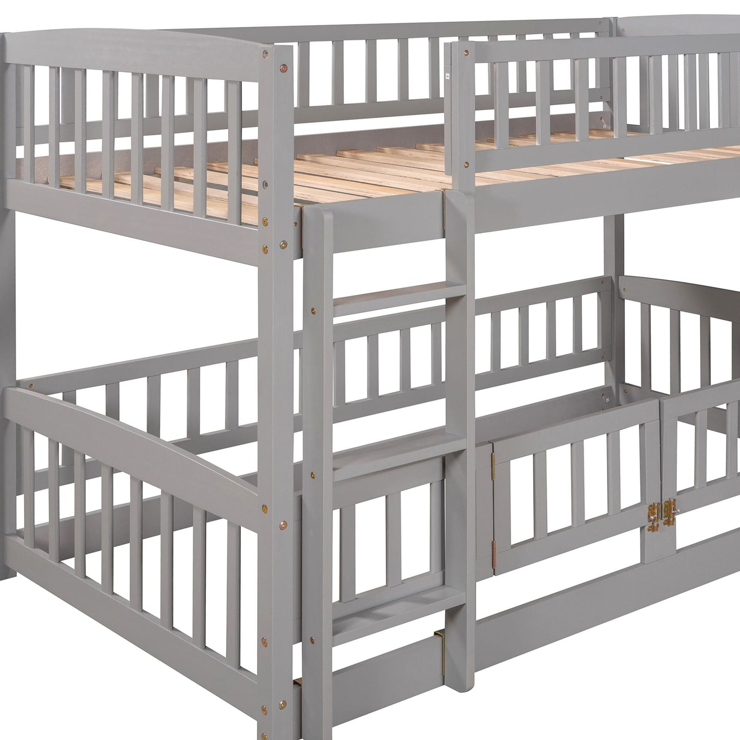 Kids Bedroom Twin Over Twin Wood Low Bunk Bed with Slide, Fence and Ladder, White | Just Better Bunk Beds