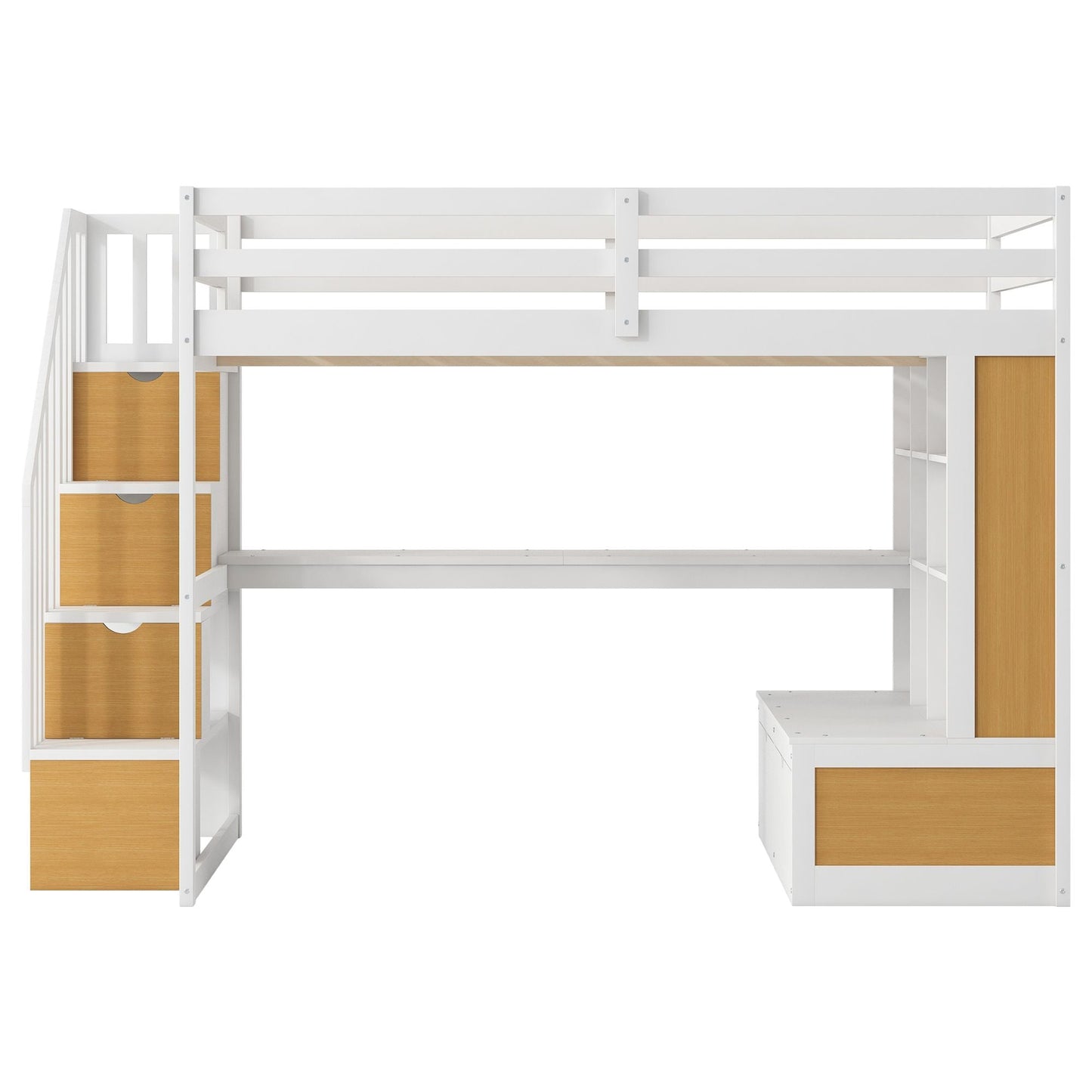 Space-Saving Full Wood Loft Bed with Desk, Shelves, Drawers, Storage Staircase, White and Natural | Just Better Bunk Beds