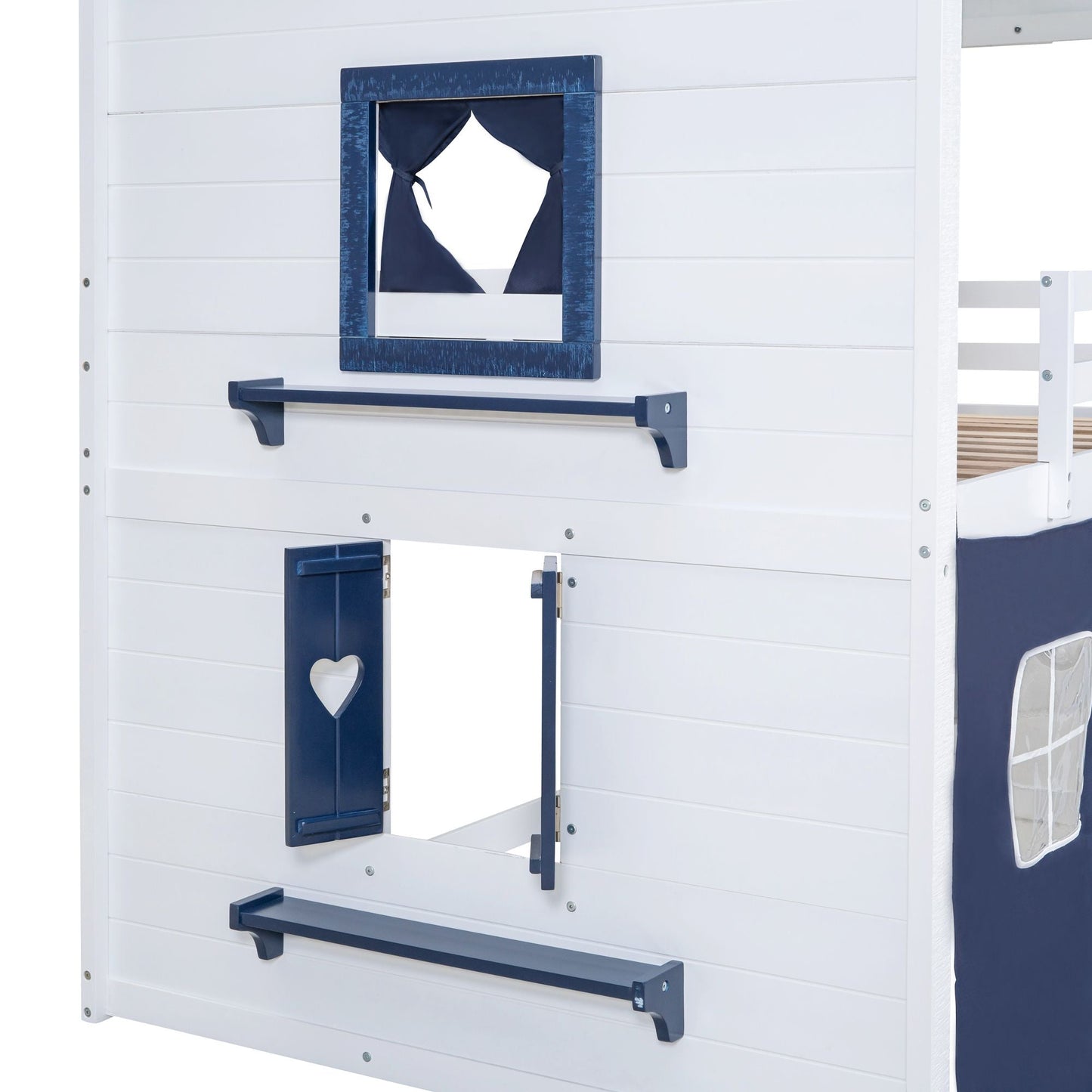 Kids Bedroom Full Wood House-Style Bunk Bed with Windows and Tent, Blue White | Just Better Bunk Beds