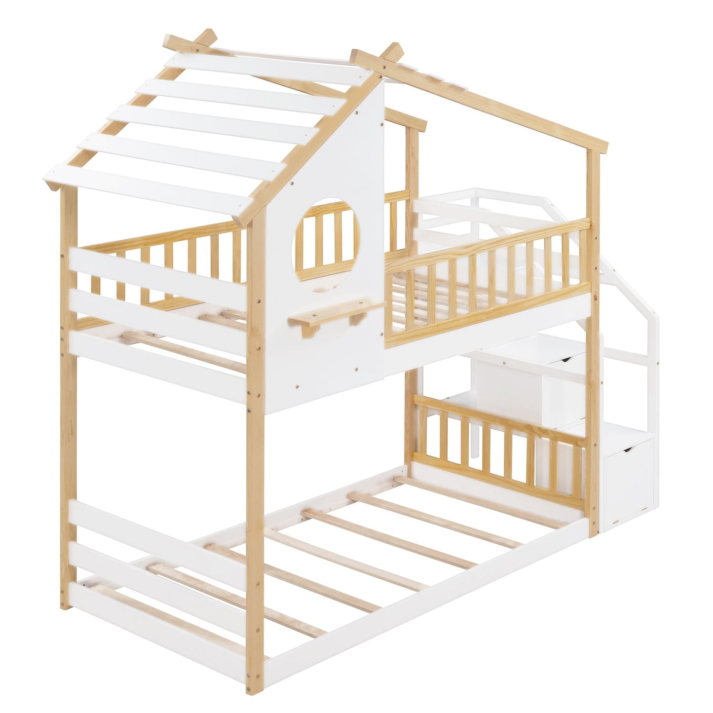 Staircase Storage Twin Over Twin Wood Bunk Bed with House Style, Storage, and Guard Rail, Natural and White | Just Better Bunk Beds