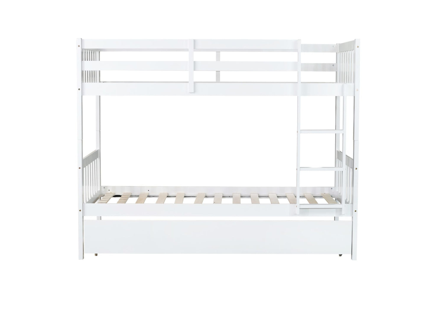 Convertible Twin Over Twin Rubber Wood Bunk Bed with Trundle, Ladder, and Safety Guardrails, White | Just Better Bunk Beds
