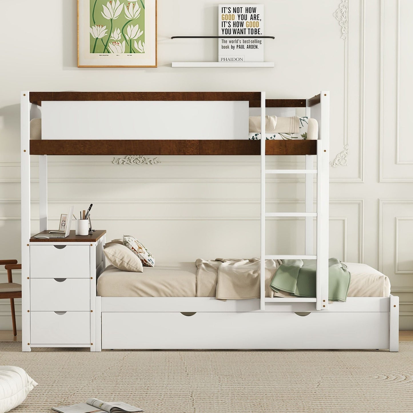 Multi-Functional Twin Over Twin Wood Bunk Bed with Trundle, Storage and Desk, White Walnut | Just Better Bunk Beds