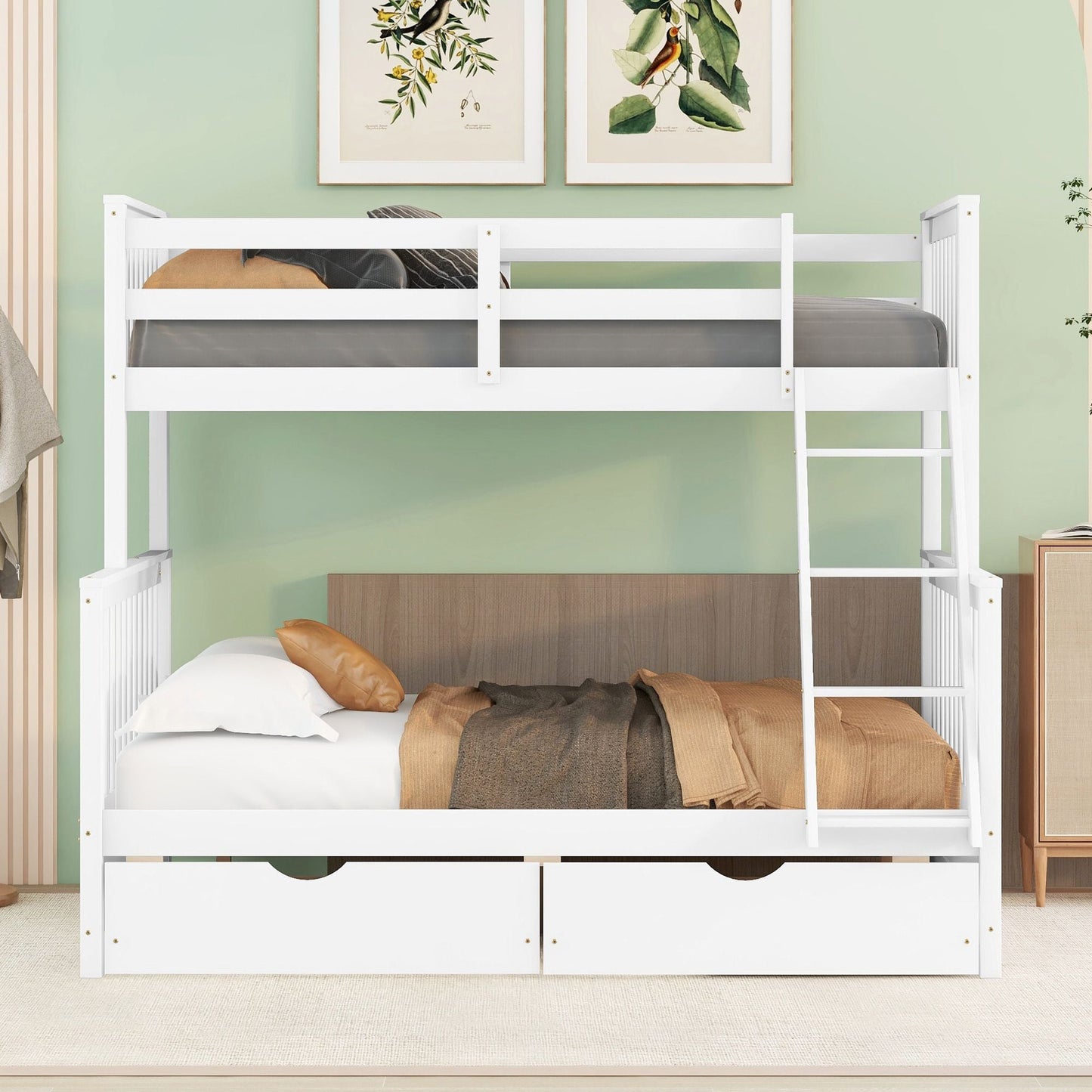 Heavy-Duty Twin Over Full Wood Bunk Bed with Ladders and Two Storage Drawers, White | Just Better Bunk Beds