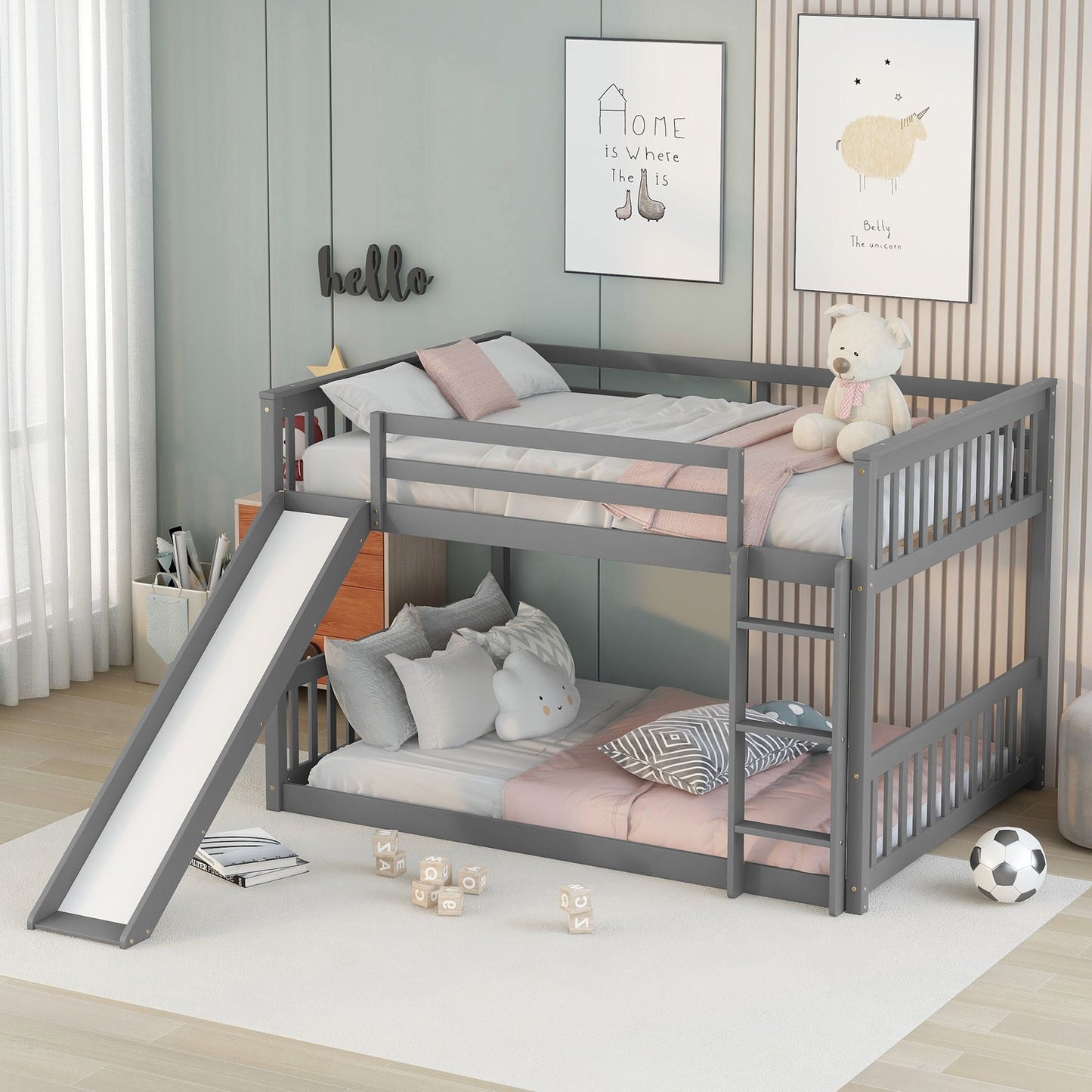 Space-Saving Full Over Full Wood Bunk Bed with Slide and Safety Guardrails, White | Just Better Bunk Beds